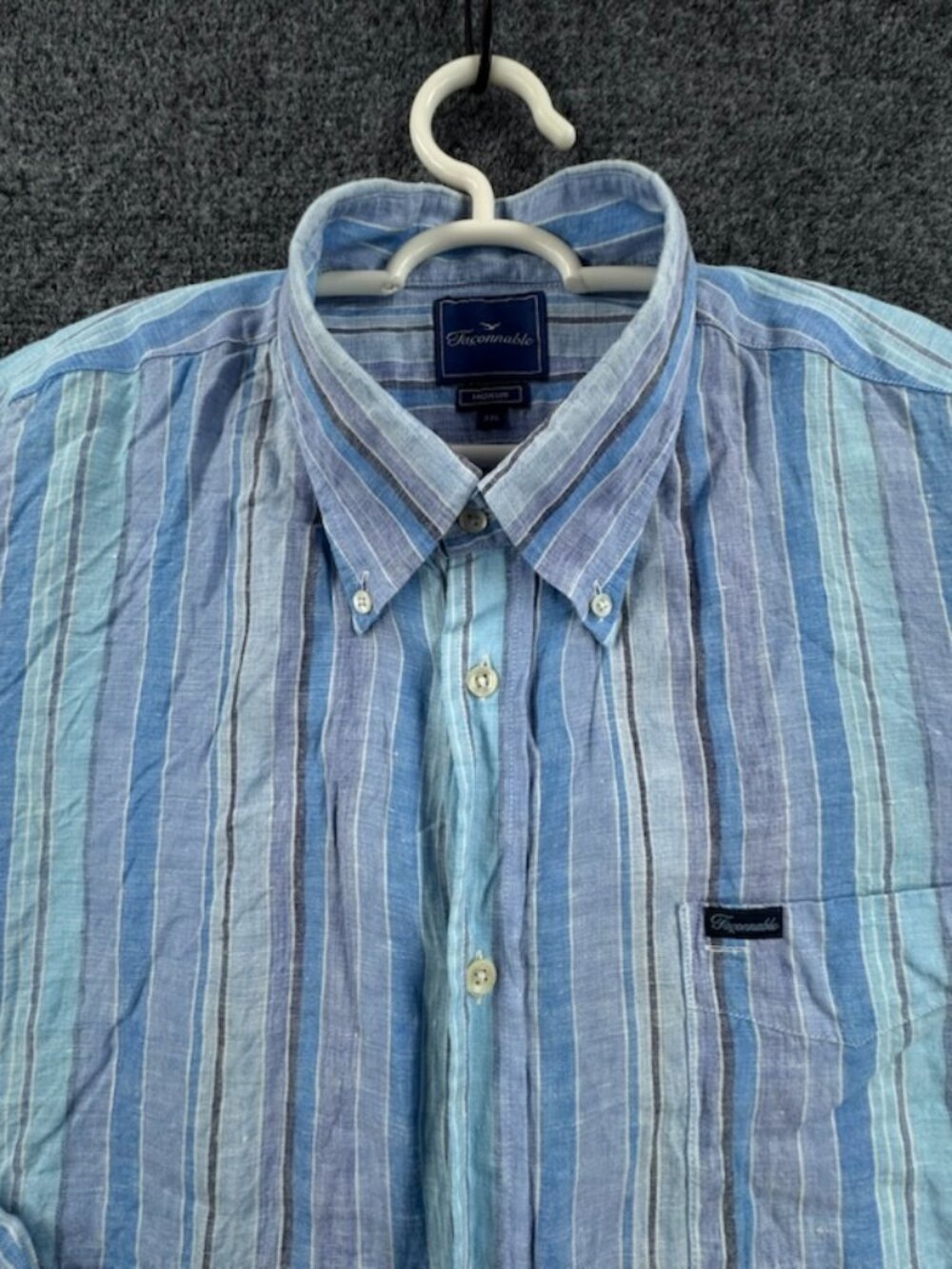 Faconnable 2XL Linen Button-Down Striped Blue Pocket Long Sleeve French Shirt